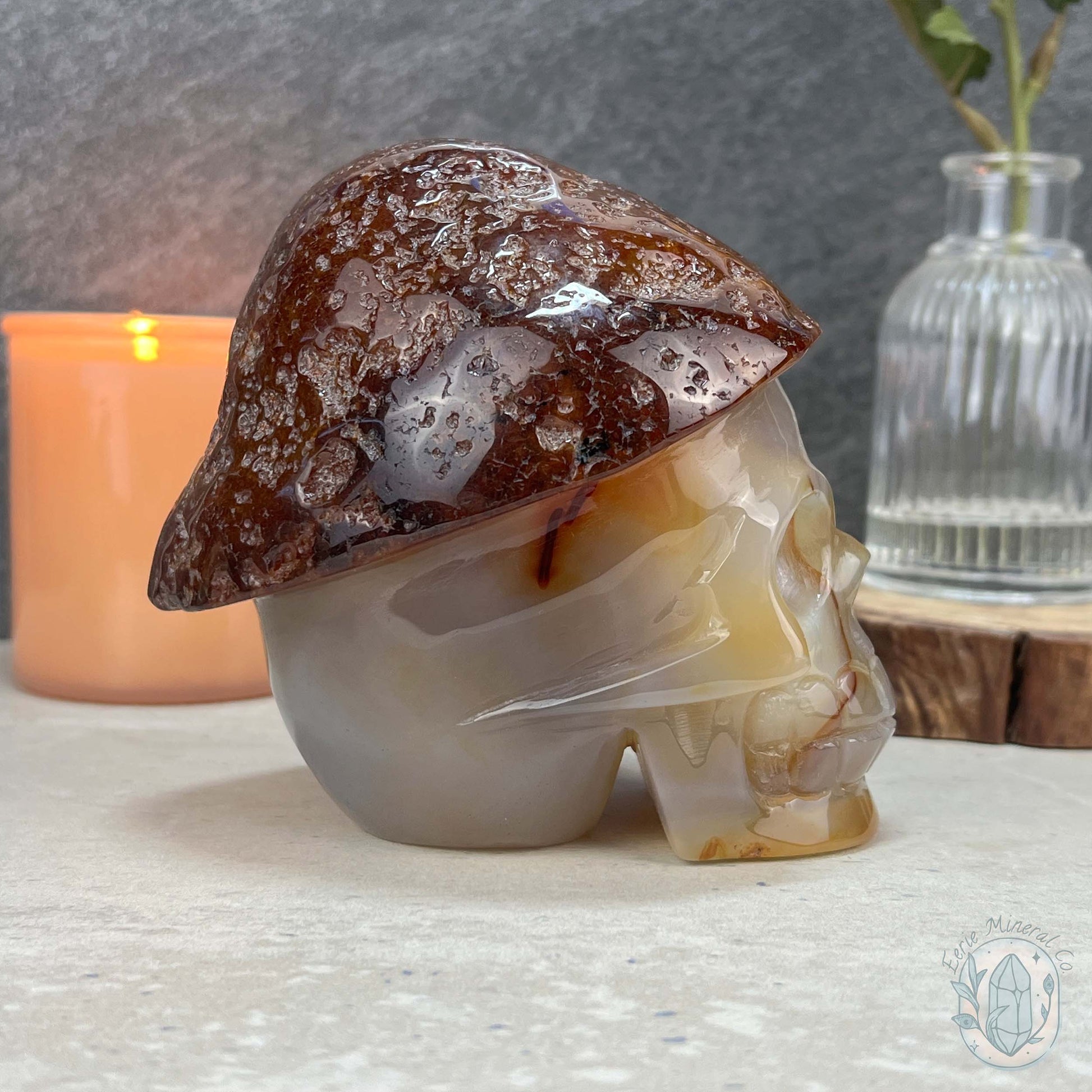Polished Red Agate Mushroom Head Skull Carving