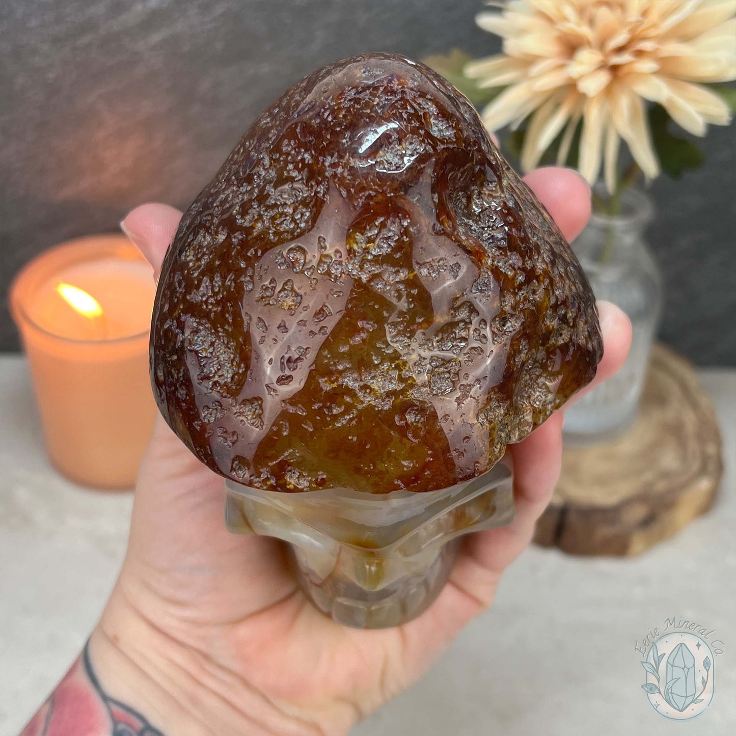 Polished Red Agate Mushroom Head Skull Carving
