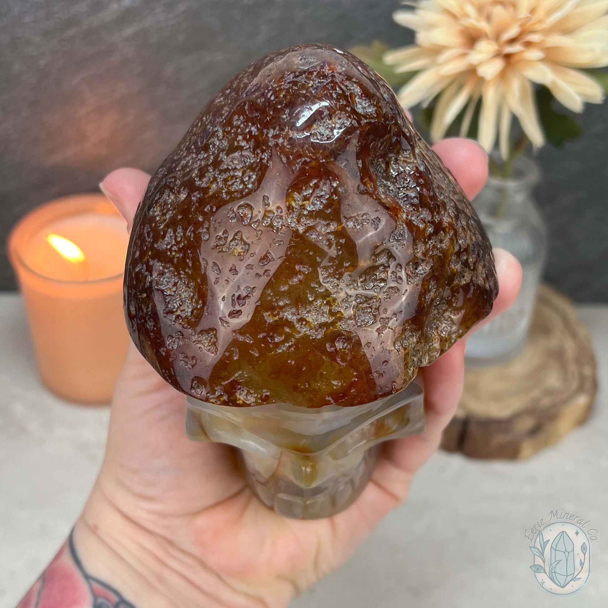 Polished Red Agate Mushroom Head Skull Carving