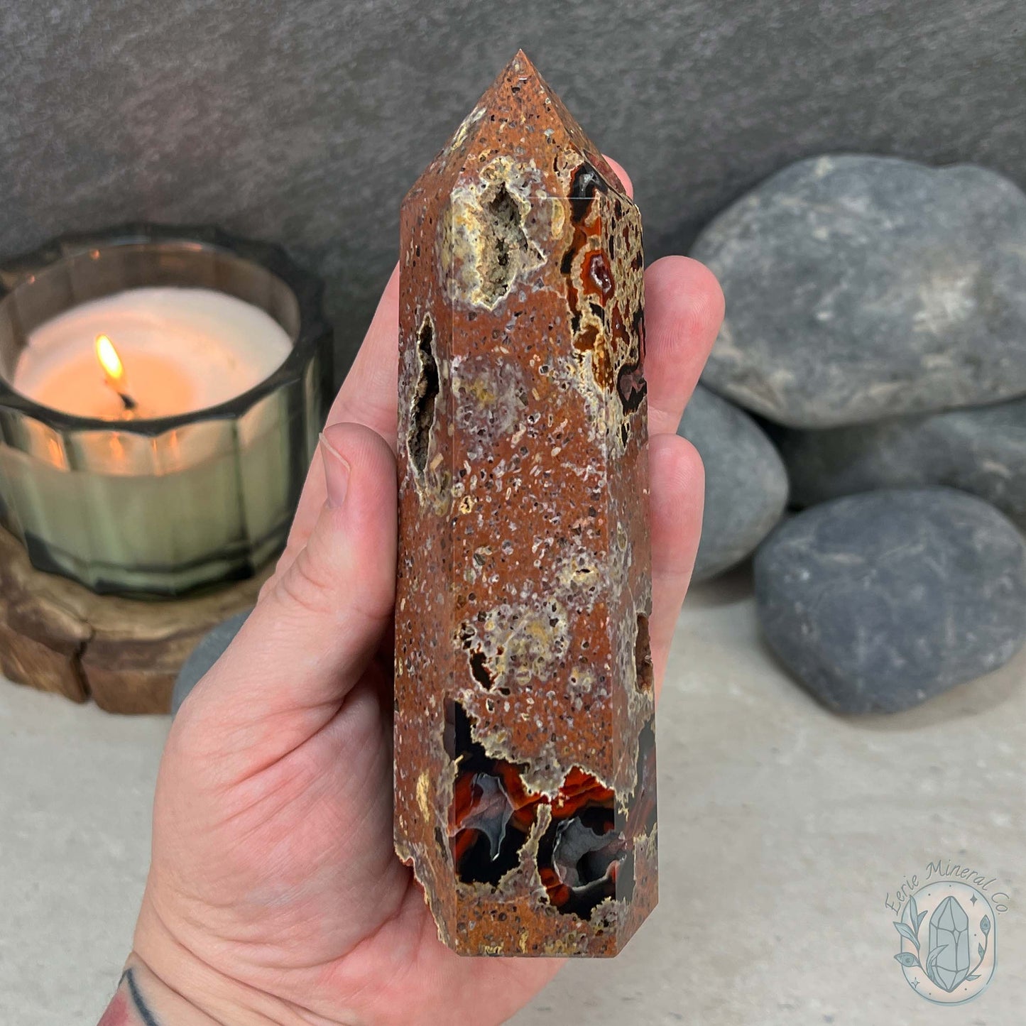 Polished Volcanic Red Fox Botryoidal Agate Tower