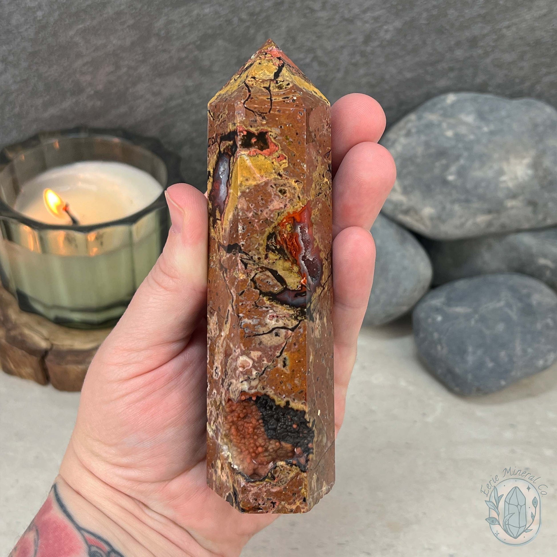 Polished Volcanic Red Fox Botryoidal Agate Tower