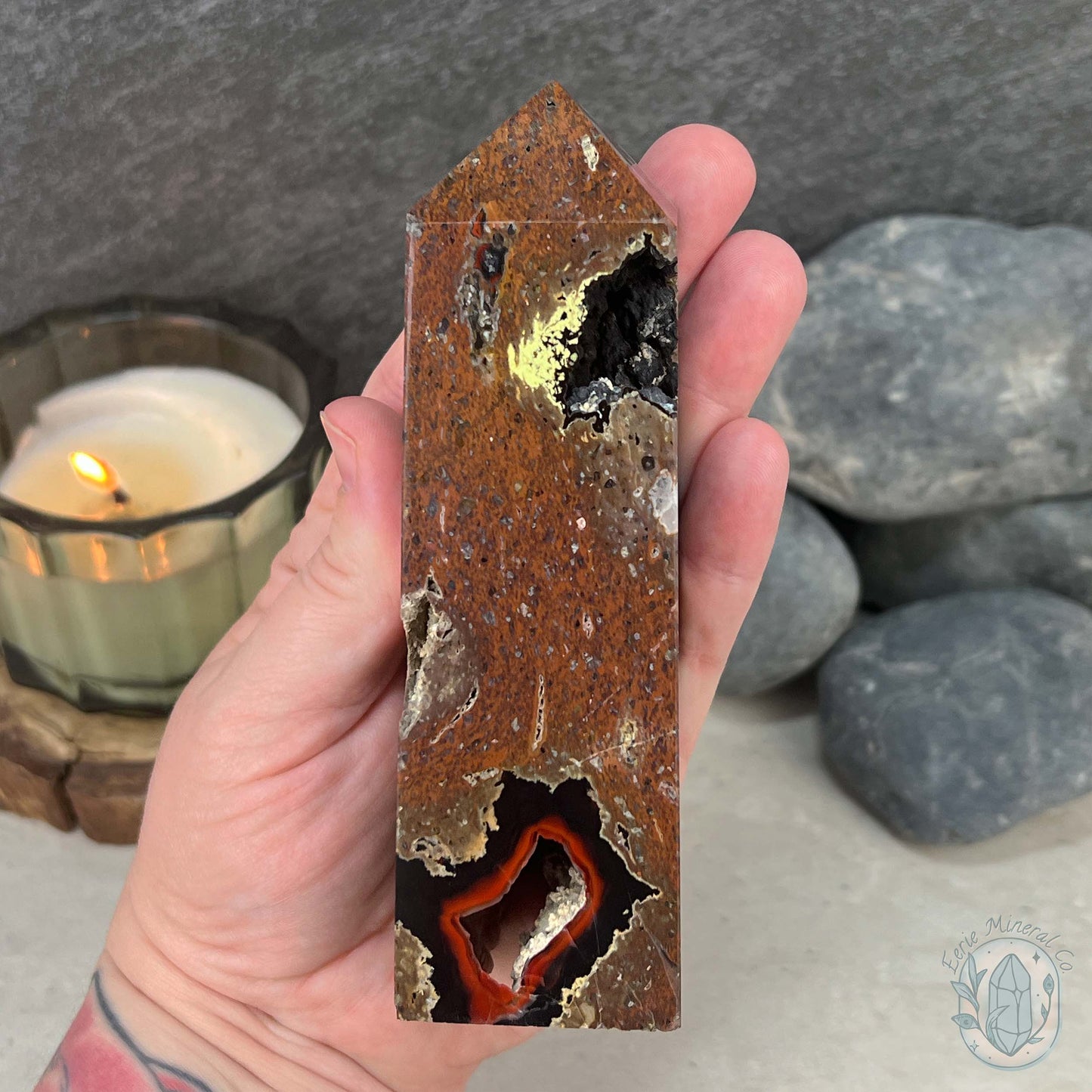 Polished Volcanic Red Fox Botryoidal Agate Tower