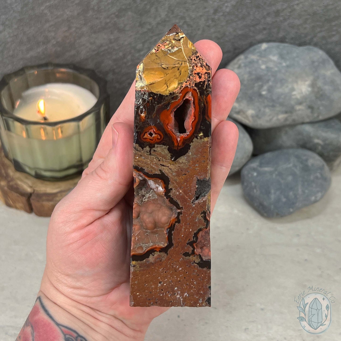 Polished Volcanic Red Fox Botryoidal Agate Tower