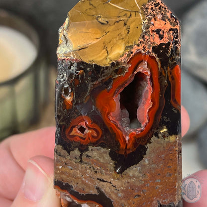 Polished Volcanic Red Fox Botryoidal Agate Tower