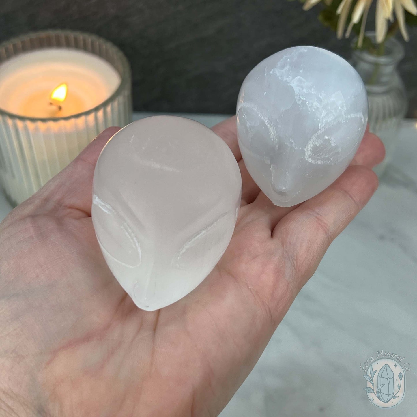 Selenite Alien Head Skull Carving