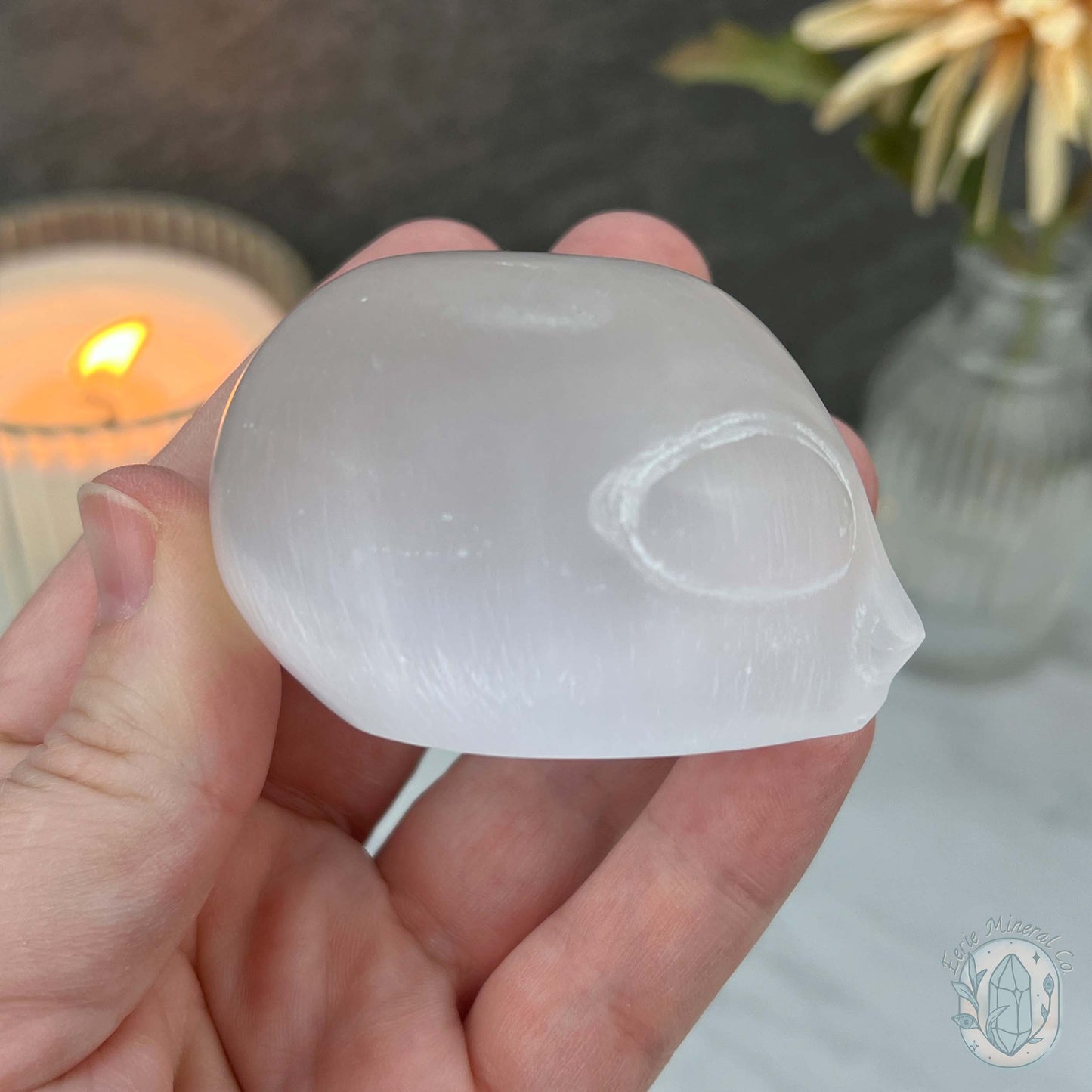 Selenite Alien Head Skull Carving