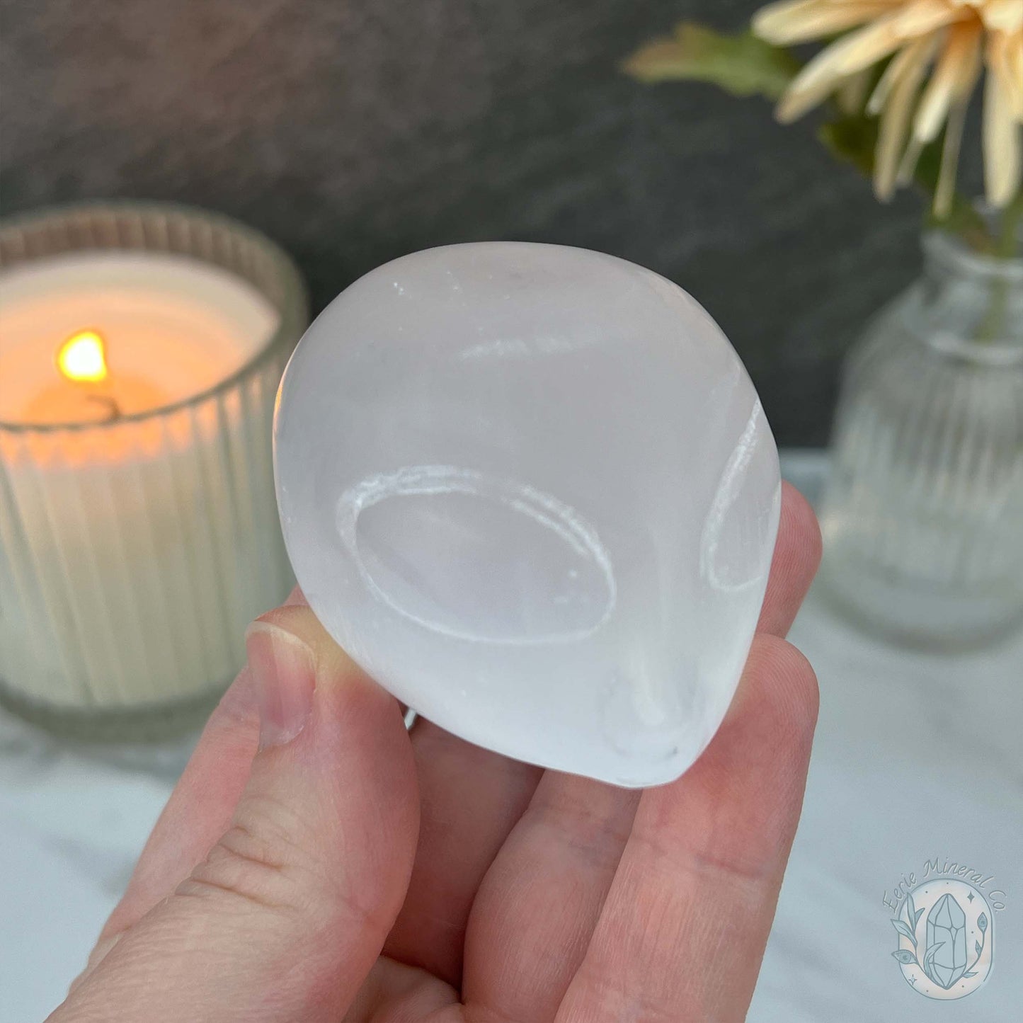 Selenite Alien Head Skull Carving