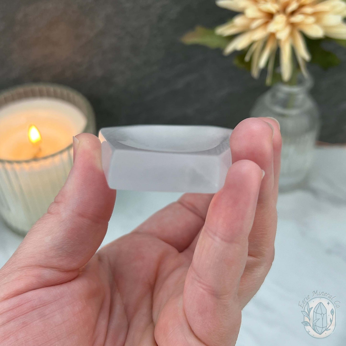 Polished Selenite Coffin Bowl Carving