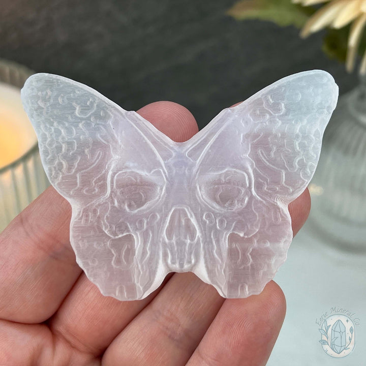 Polished Selenite Death's Head Moth Carving