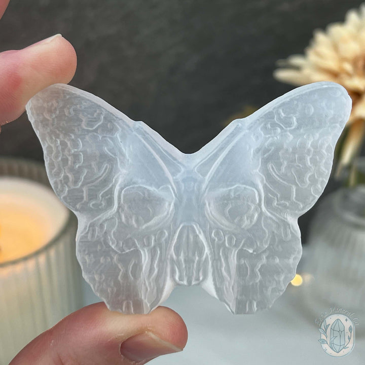 Polished Selenite Death's Head Moth Carving