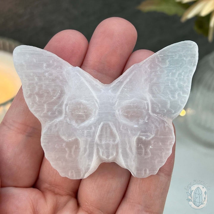 Polished Selenite Death's Head Moth Carving