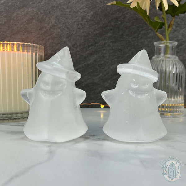 Selenite Halloween Ghost with Witch's Hat Carvings