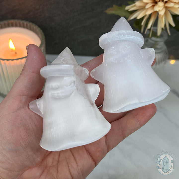 Selenite Halloween Ghost with Witch's Hat Carvings