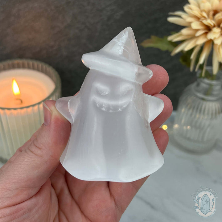 Selenite Halloween Ghost with Witch's Hat Carvings