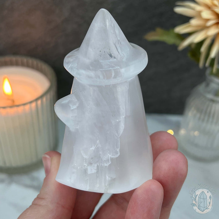 Selenite Halloween Ghost with Witch's Hat Carvings