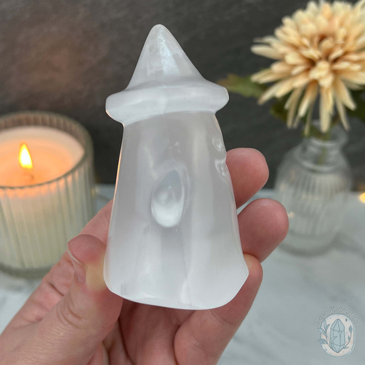 Selenite Halloween Ghost with Witch's Hat Carvings