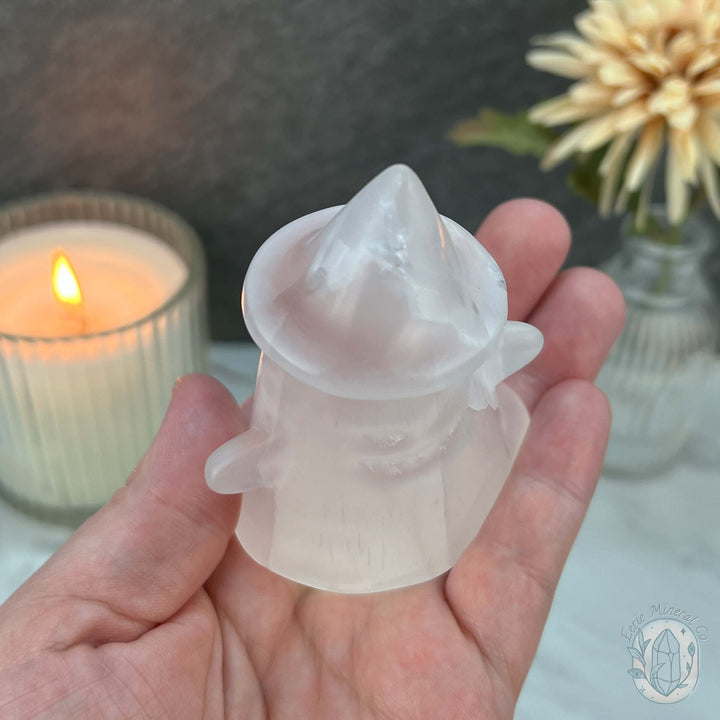 Selenite Halloween Ghost with Witch's Hat Carvings