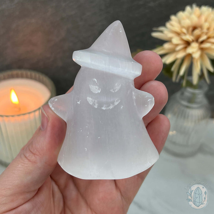 Selenite Halloween Ghost with Witch's Hat Carvings