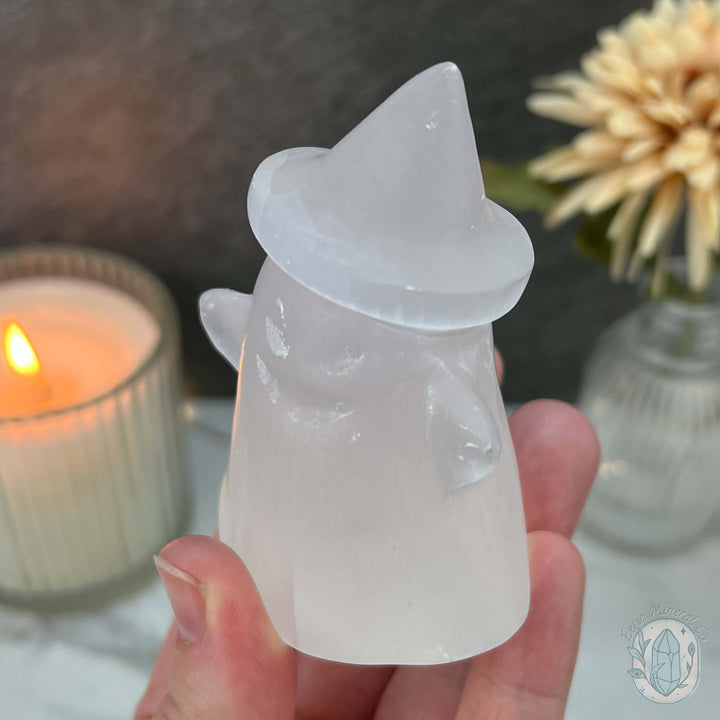 Selenite Halloween Ghost with Witch's Hat Carvings