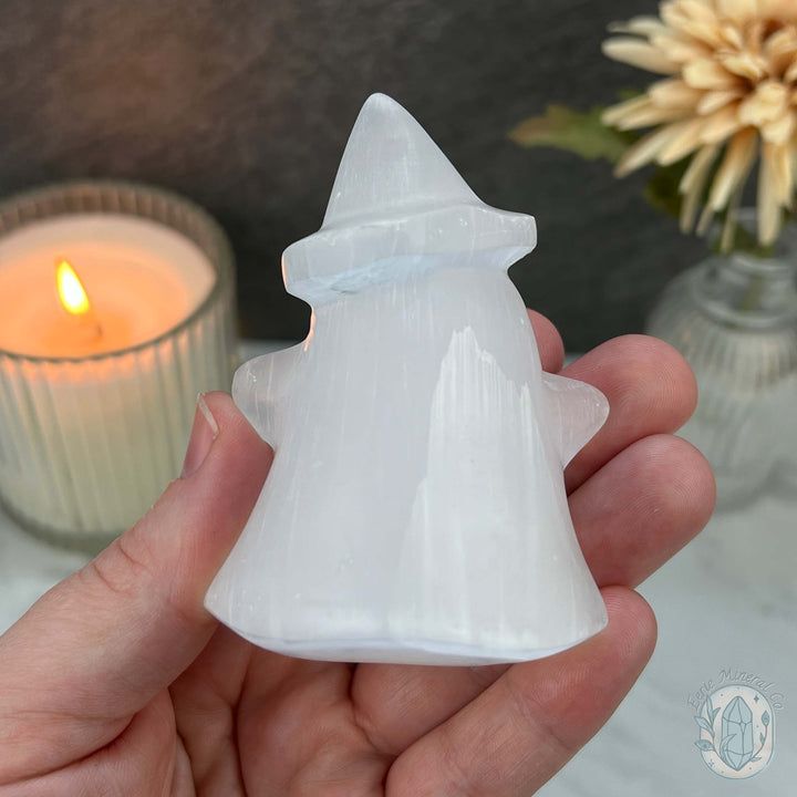 Selenite Halloween Ghost with Witch's Hat Carvings