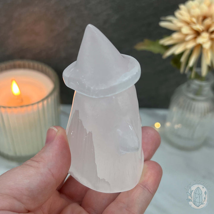 Selenite Halloween Ghost with Witch's Hat Carvings