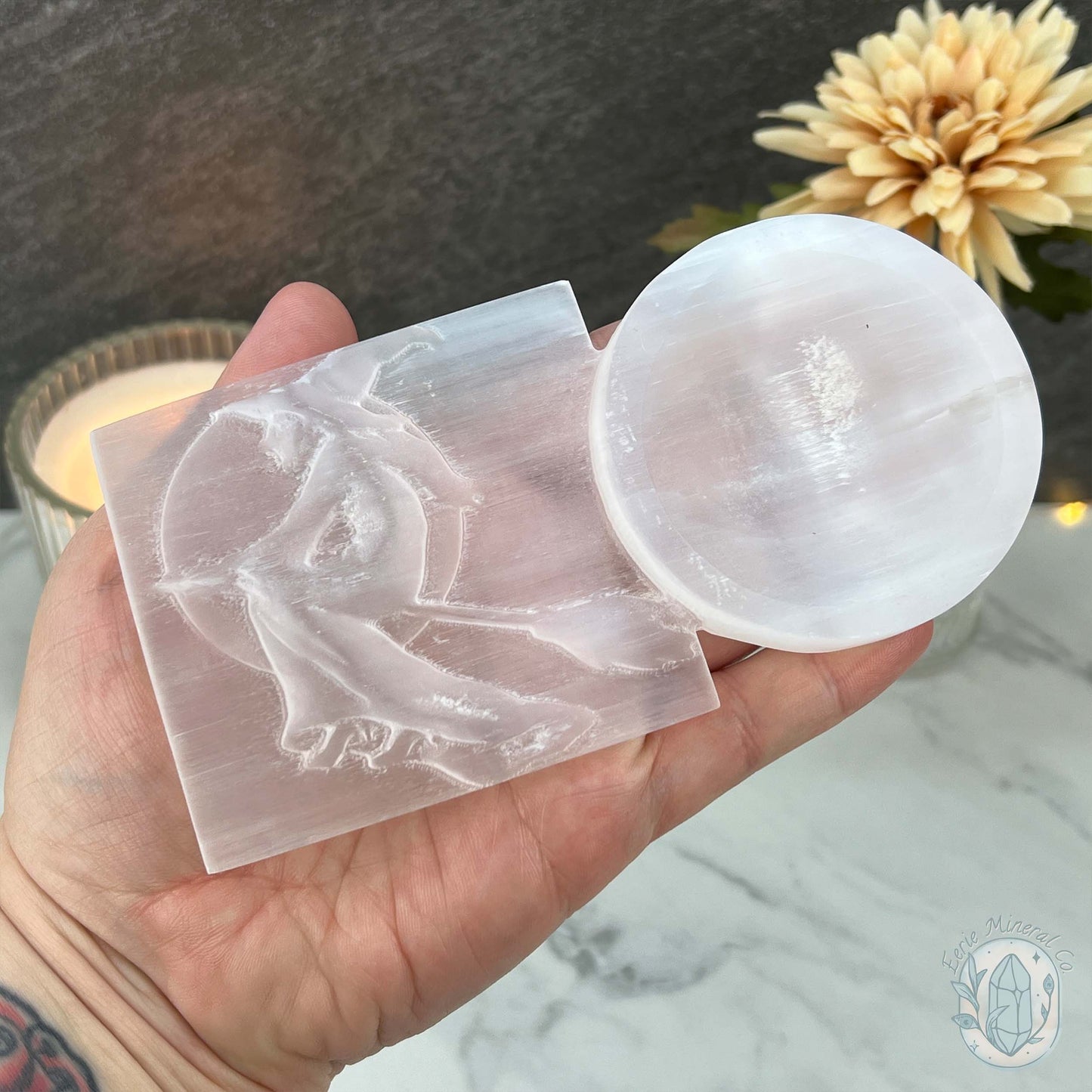 Selenite Halloween Flying Witch With Bowl Carvings