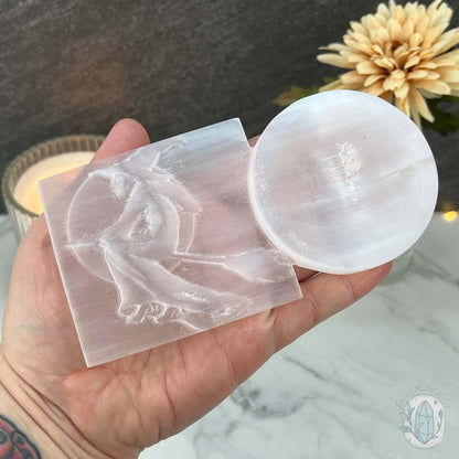 Selenite Halloween Flying Witch With Bowl Carvings