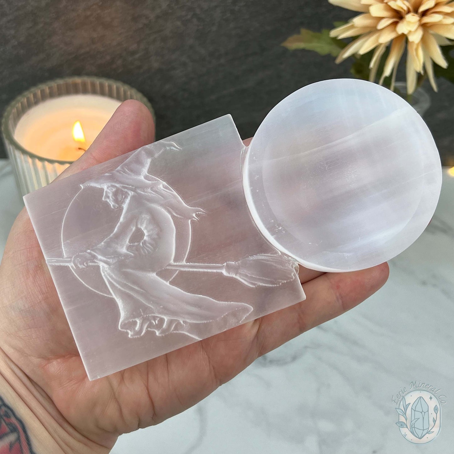 Selenite Halloween Flying Witch With Bowl Carvings