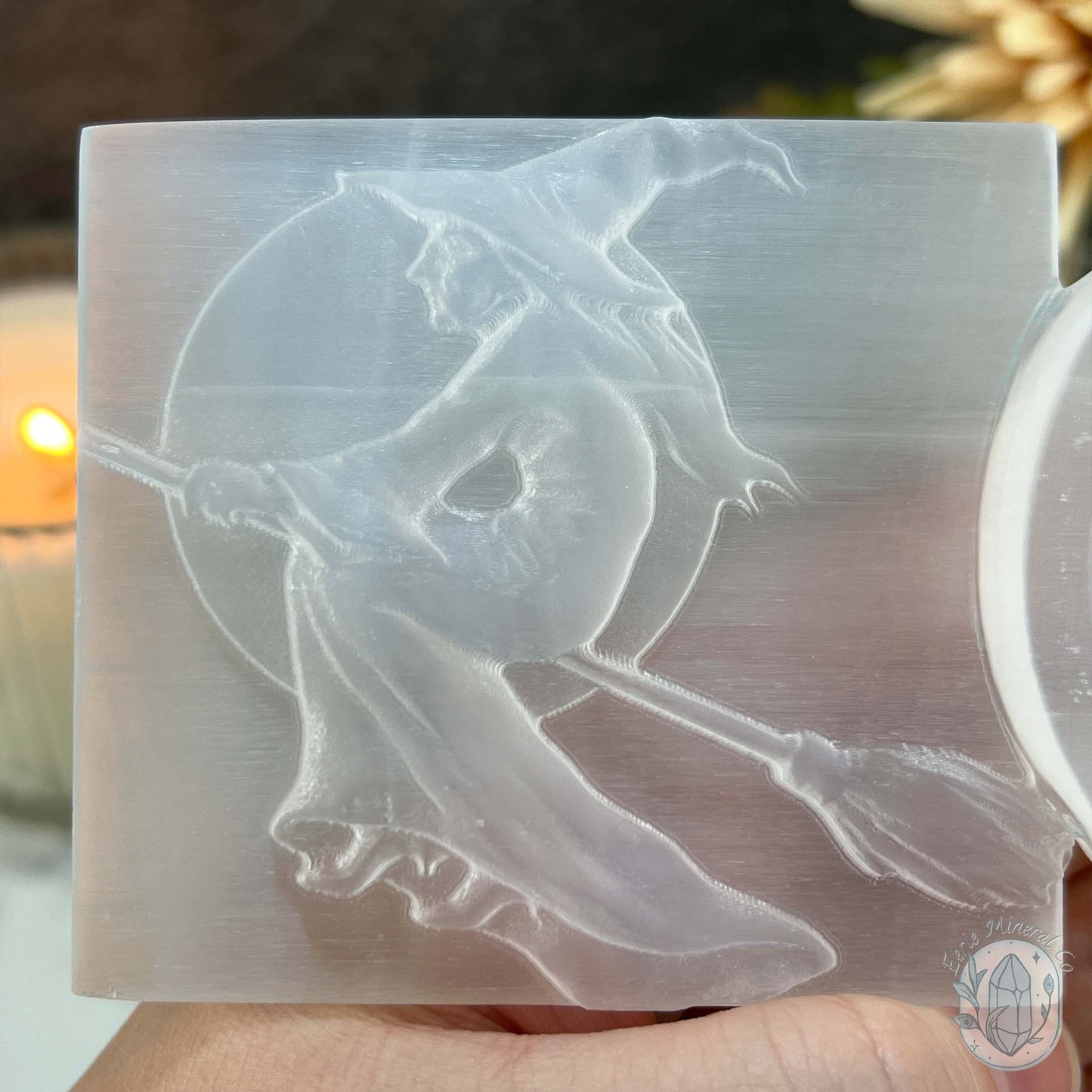 Selenite Halloween Flying Witch With Bowl Carvings