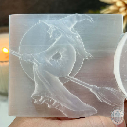 Selenite Halloween Flying Witch With Bowl Carvings