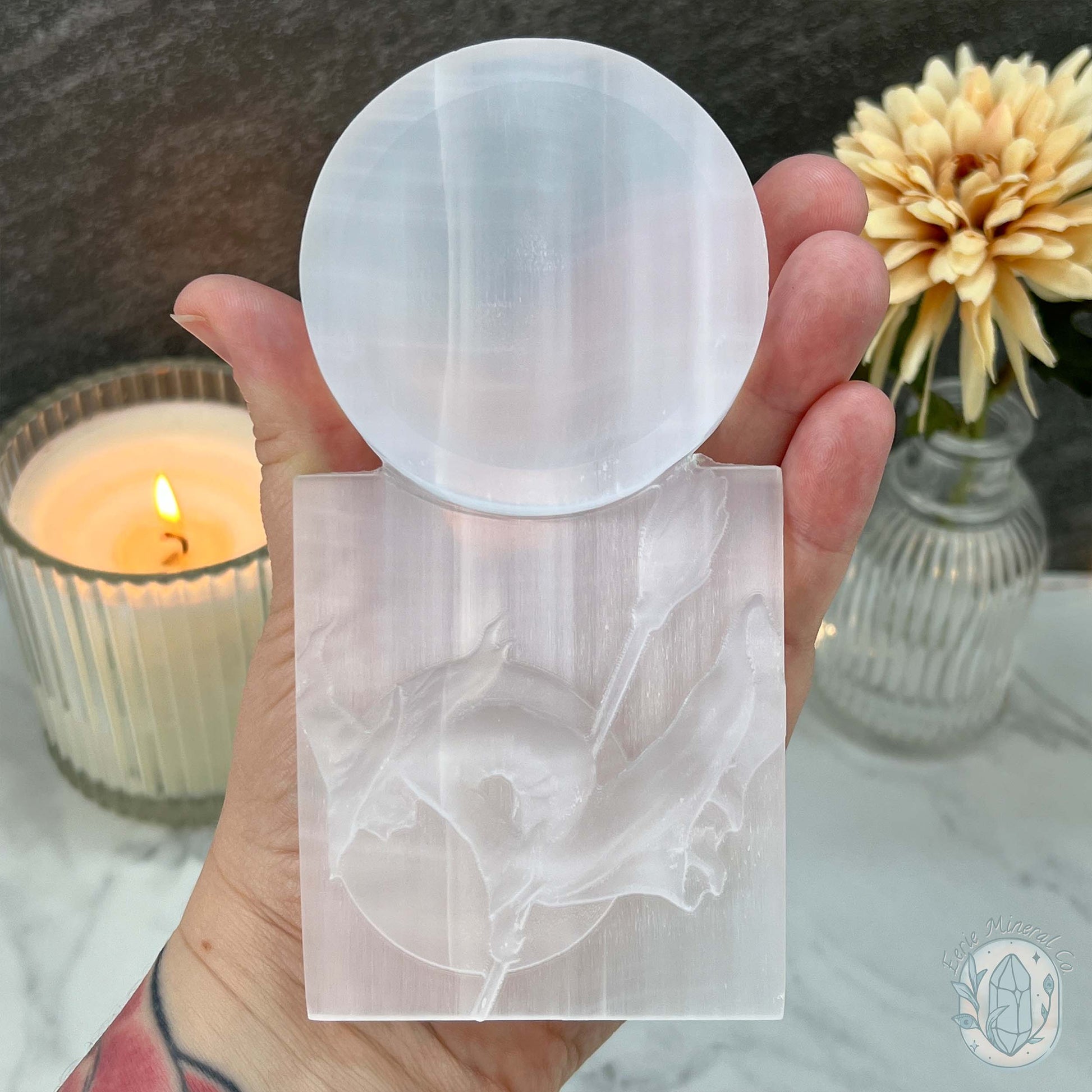 Selenite Halloween Flying Witch With Bowl Carvings