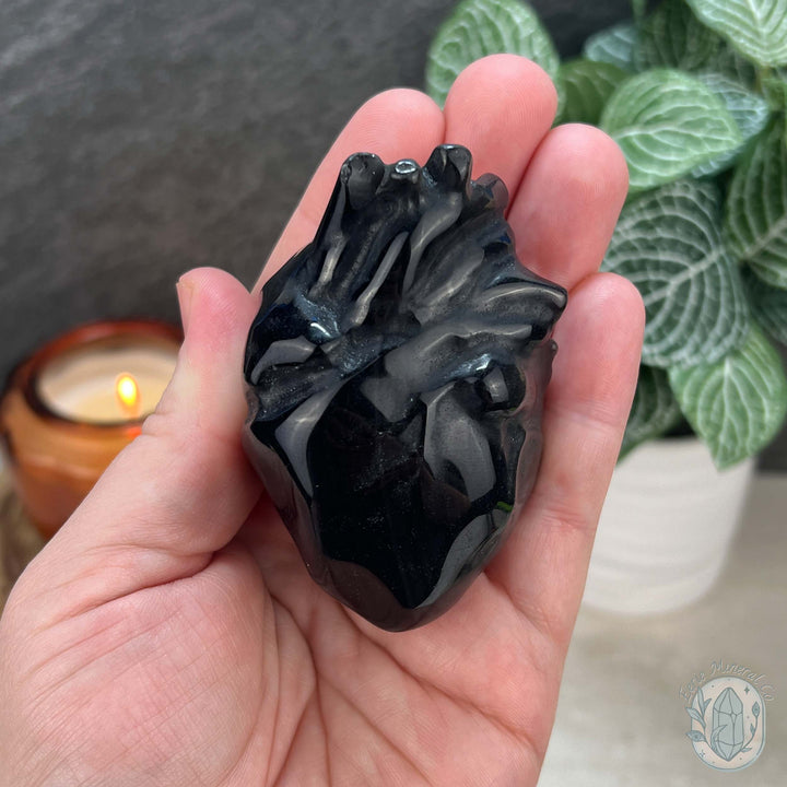 Silver Sheen Obsidian Anatomical Heart Carvings