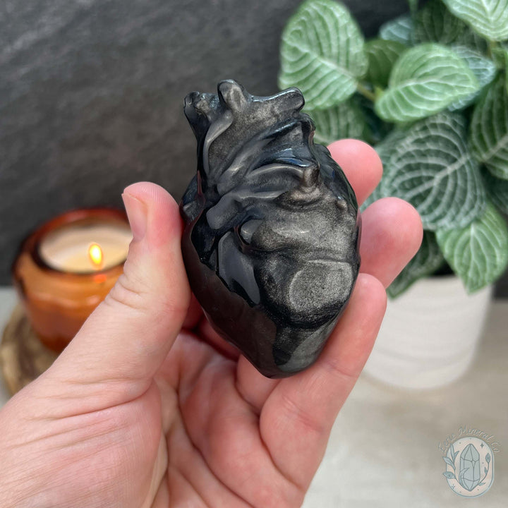 Silver Sheen Obsidian Anatomical Heart Carvings