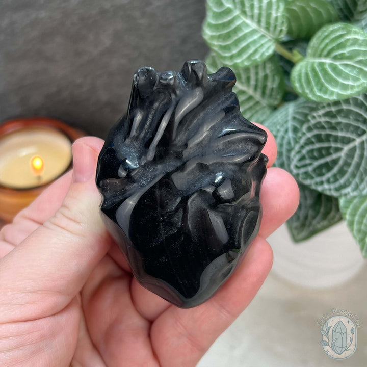 Silver Sheen Obsidian Anatomical Heart Carvings