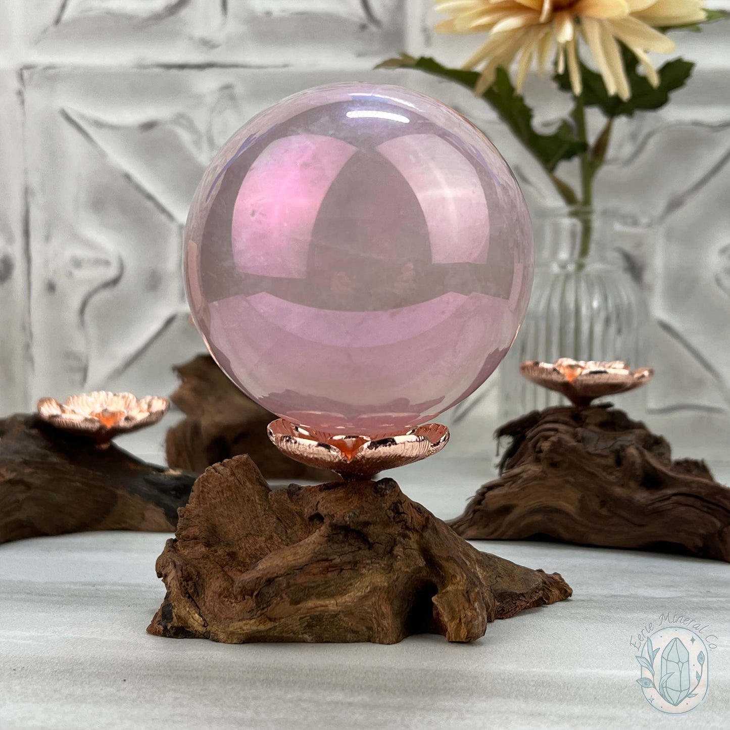 Single Rose Gold Flower Blossom Sphere Holder Driftwood Stand
