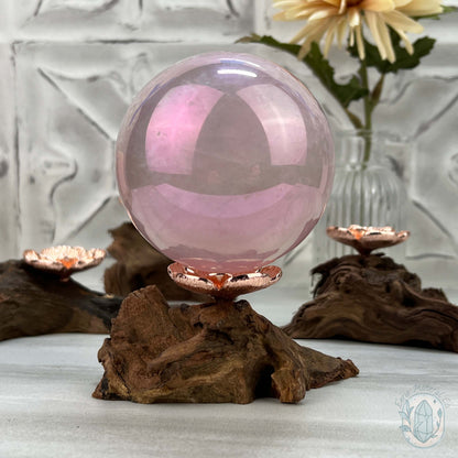 Single Rose Gold Flower Blossom Sphere Holder Driftwood Stand
