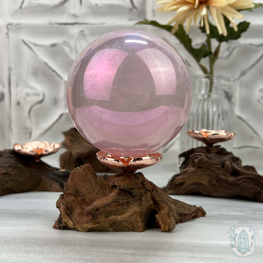 Single Rose Gold Flower Blossom Sphere Holder Driftwood Stand