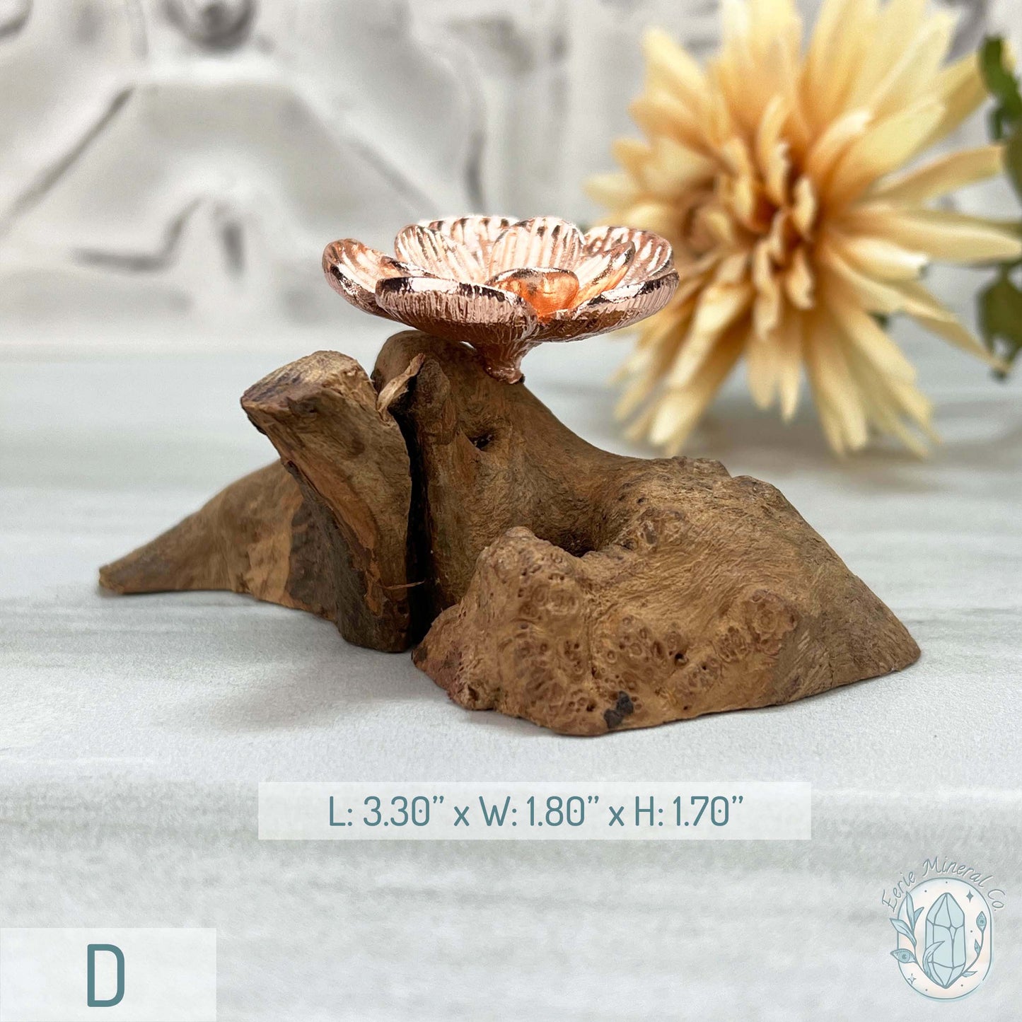 Single Rose Gold Flower Blossom Sphere Holder Driftwood Stand