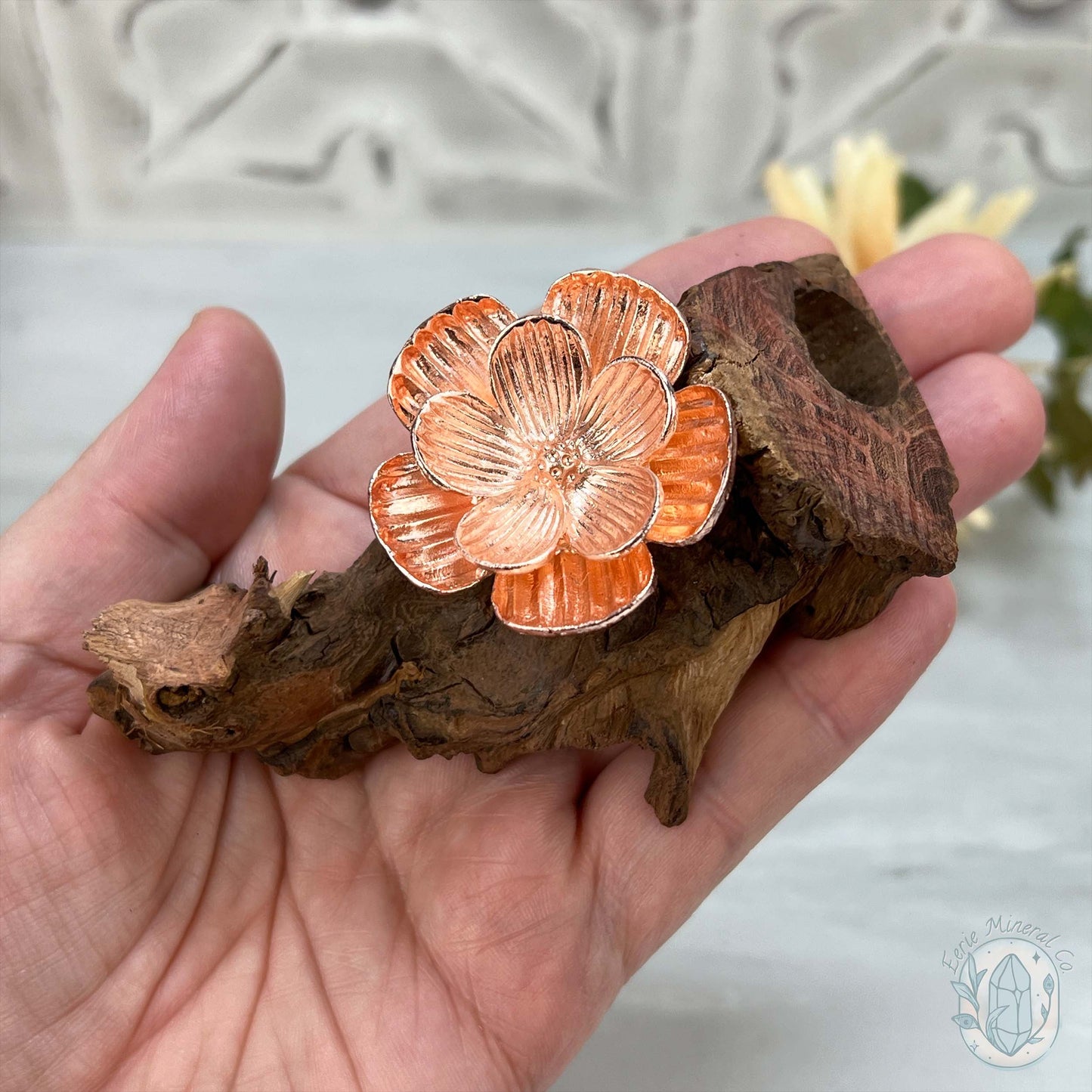 Single Rose Gold Flower Blossom Sphere Holder Driftwood Stand