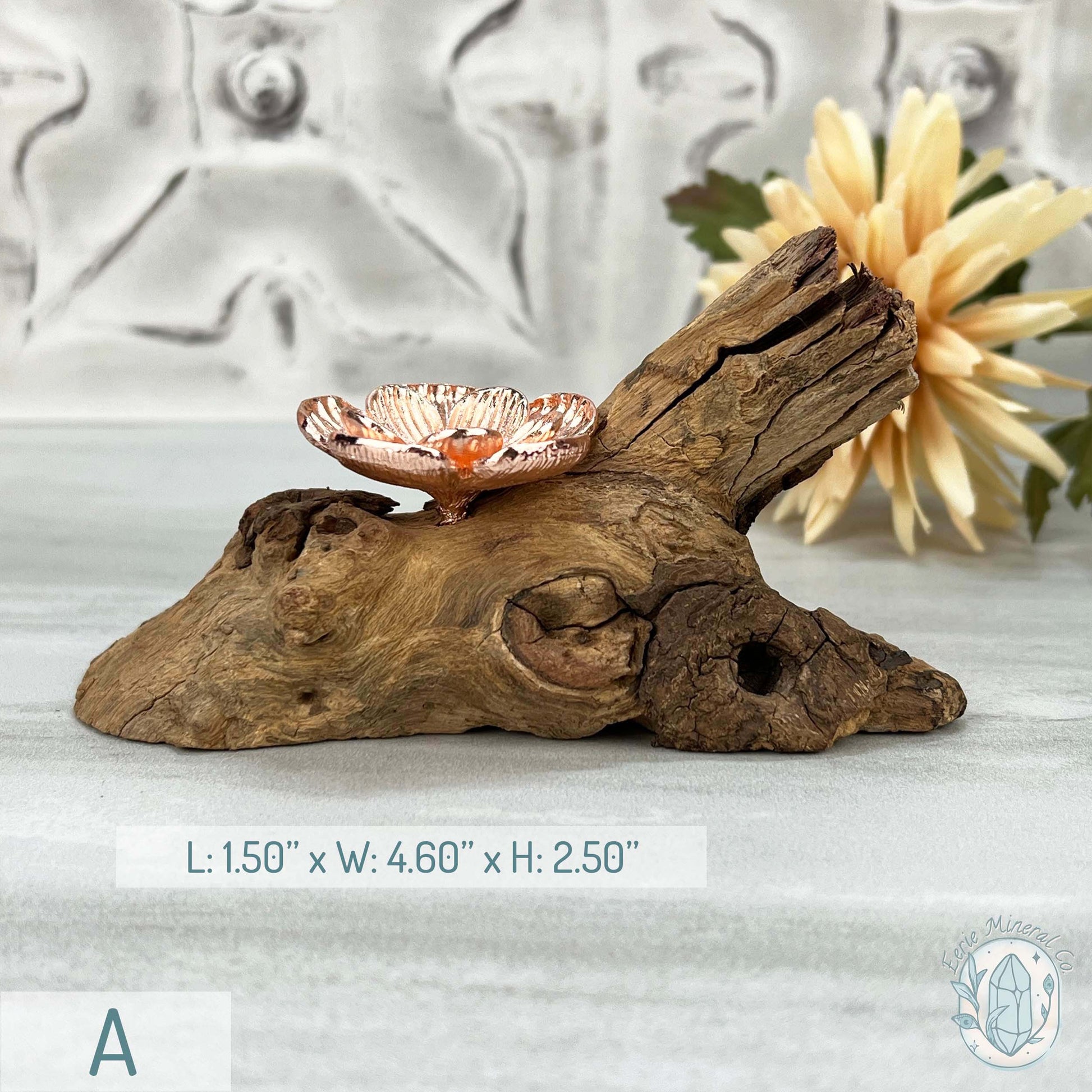 Single Rose Gold Flower Blossom Sphere Holder Driftwood Stand