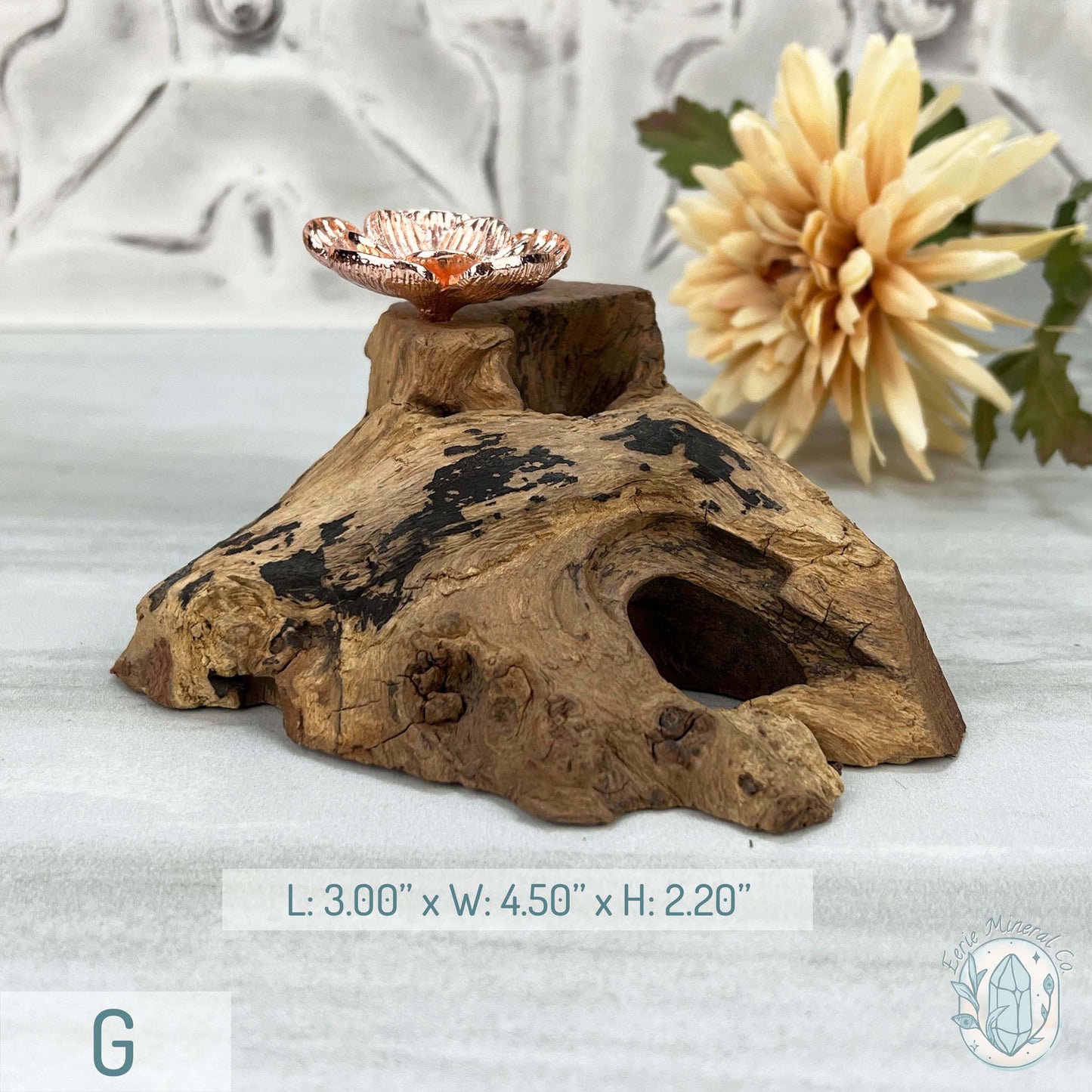 Single Rose Gold Flower Blossom Sphere Holder Driftwood Stand