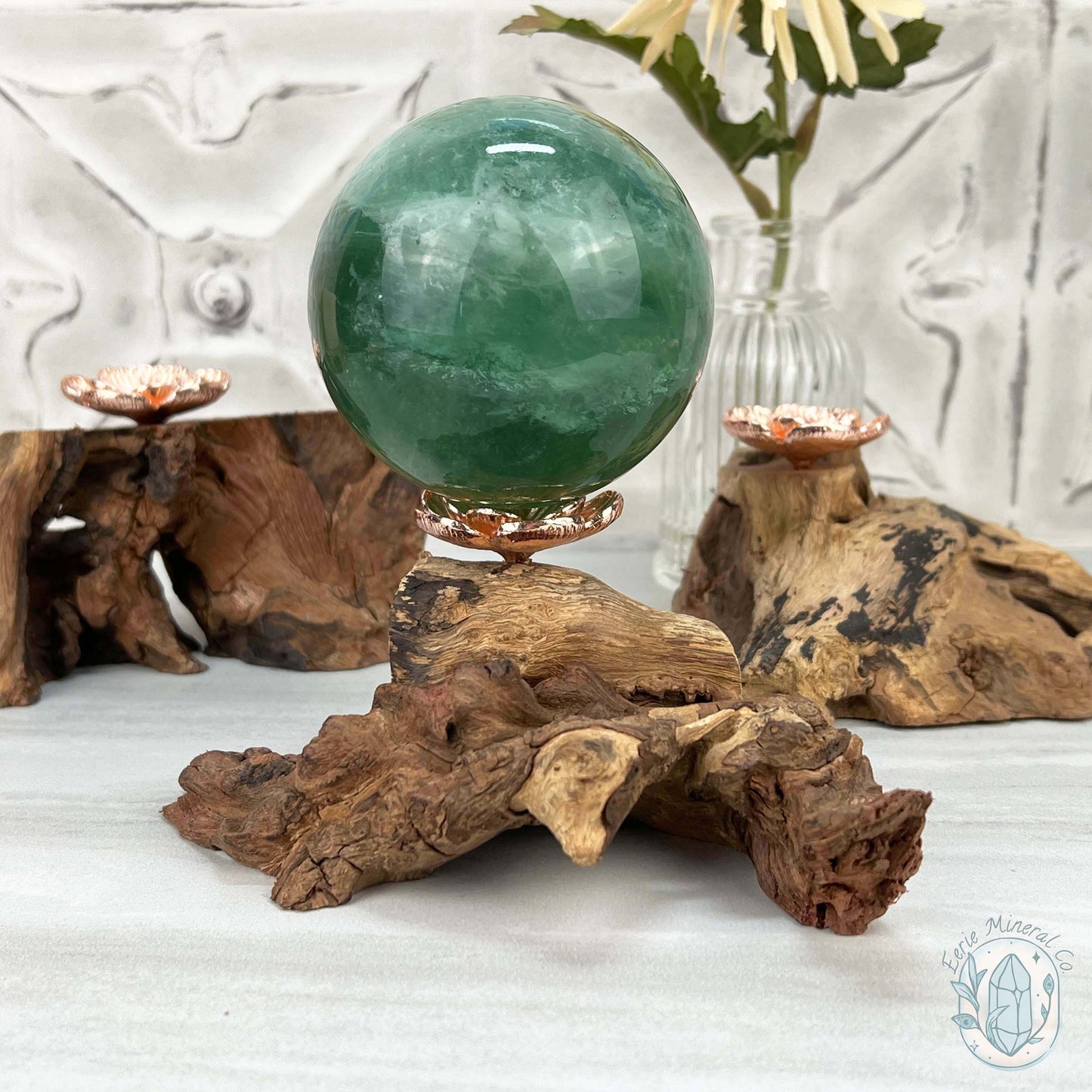 Single Rose Gold Flower Blossom Sphere Holder Driftwood Stand
