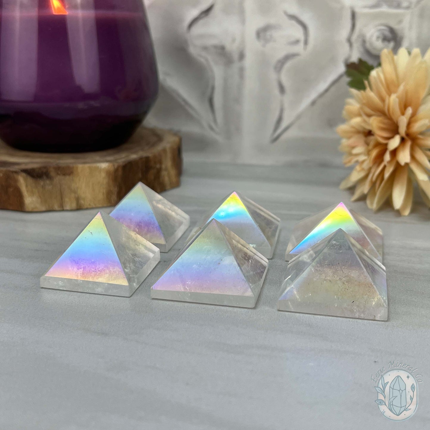 Aura Clear Quartz Pyramid Carvings - Small