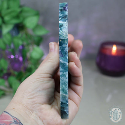 Polished Rainbow Feather Snowflake Fluorite Slab