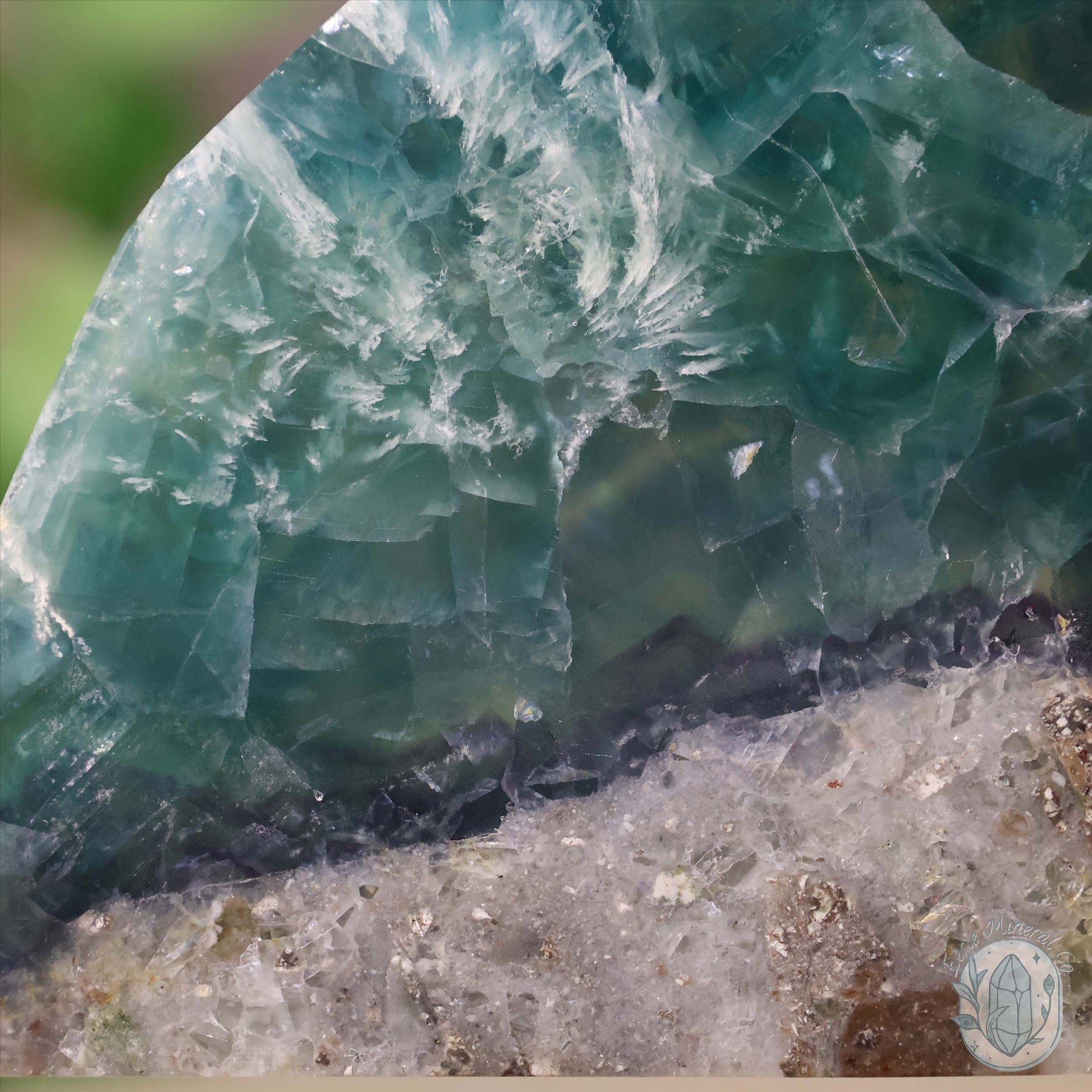 Polished Rainbow Feather Snowflake Fluorite Slab