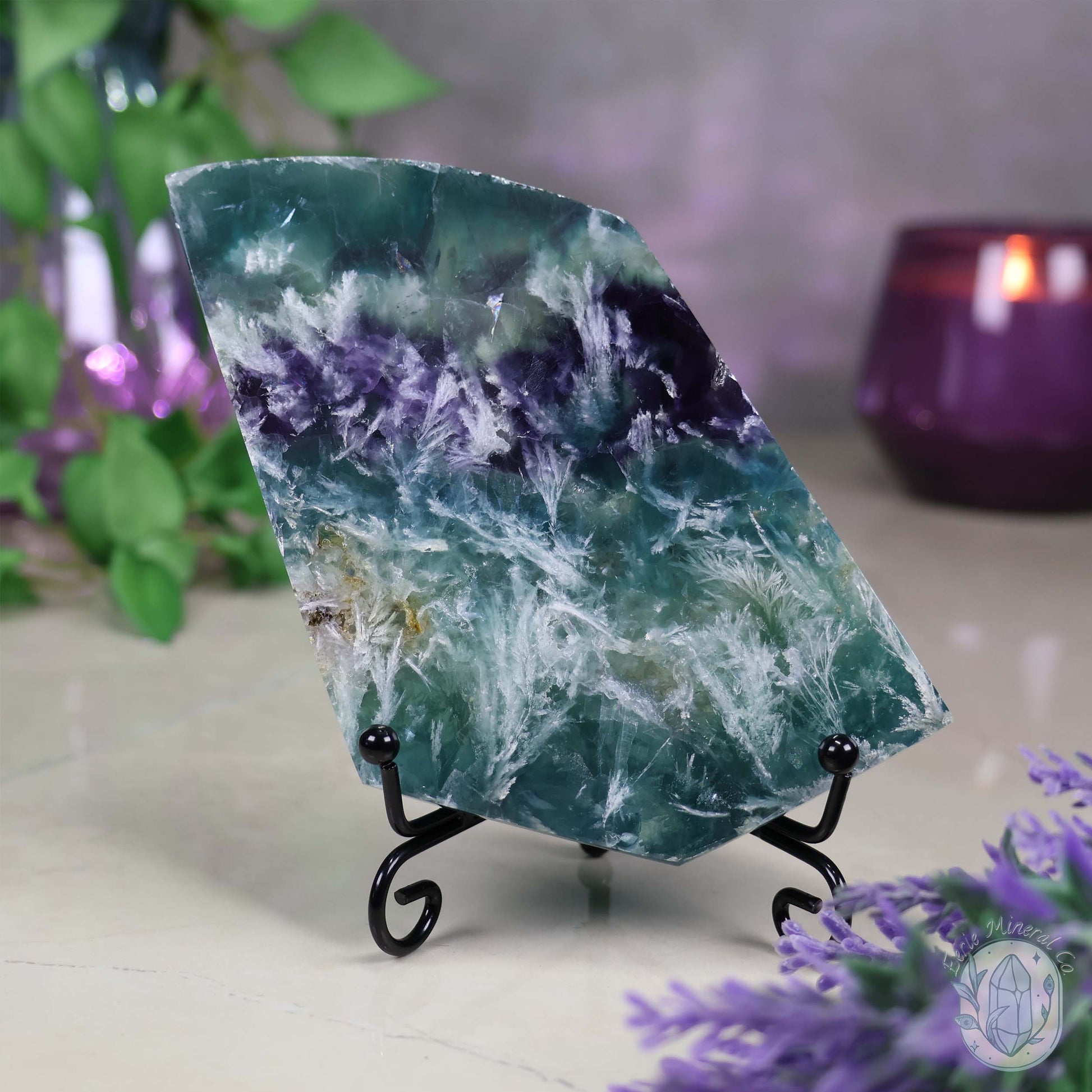  Polished Rainbow Feather Snowflake Fluorite Slab