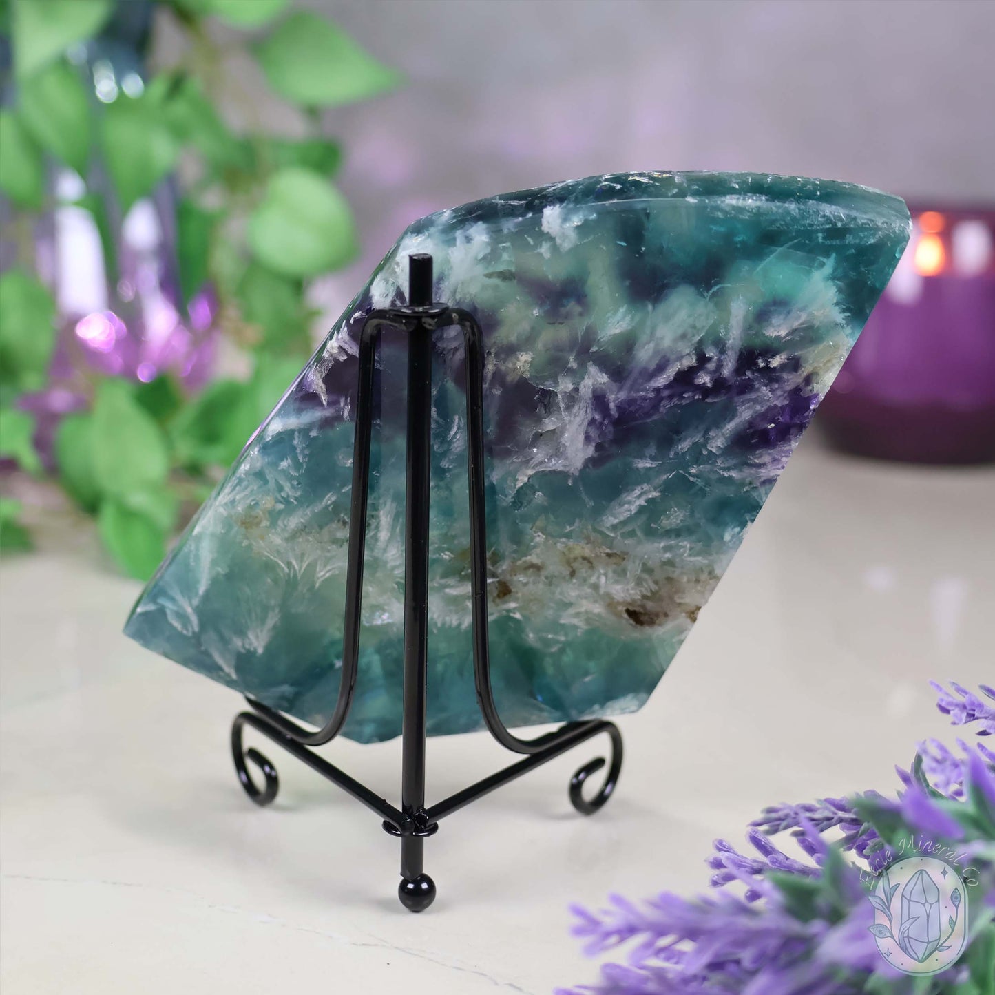 Polished Rainbow Feather Snowflake Fluorite Slab