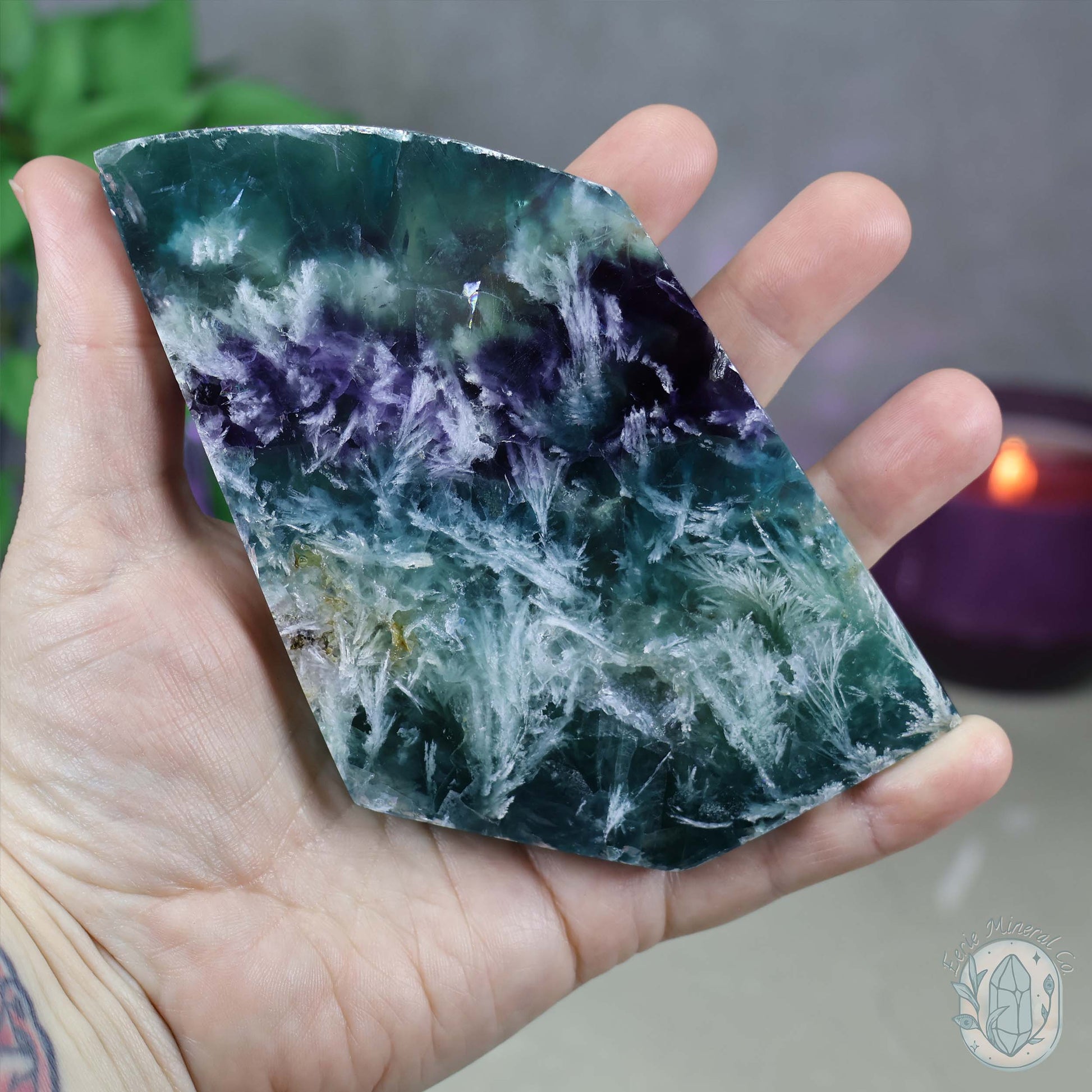  Polished Rainbow Feather Snowflake Fluorite Slab