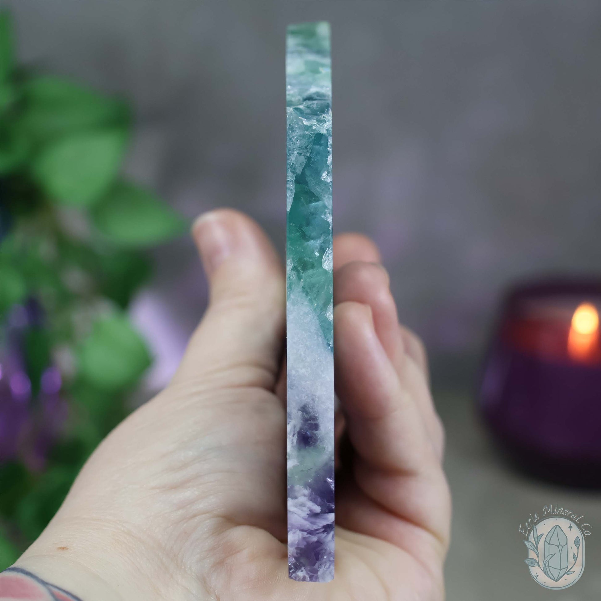  Polished Rainbow Feather Snowflake Fluorite Slab