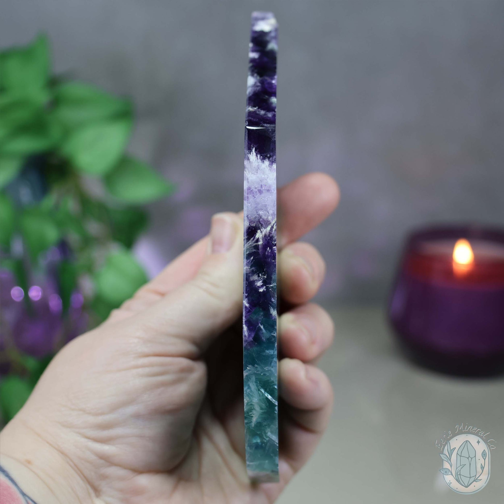  Polished Rainbow Feather Snowflake Fluorite Slab